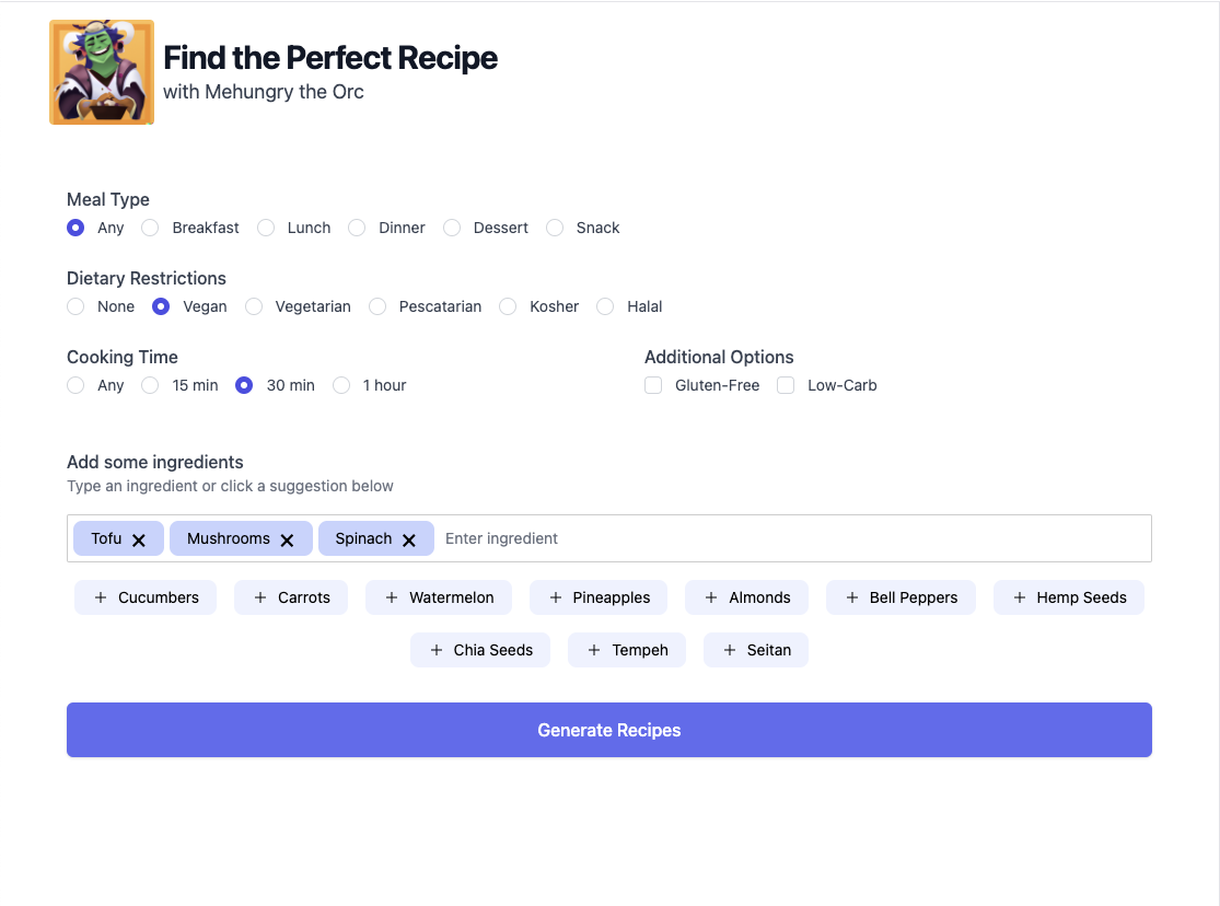 Mehungry helps you find the perfect recipe using ingredients you already have